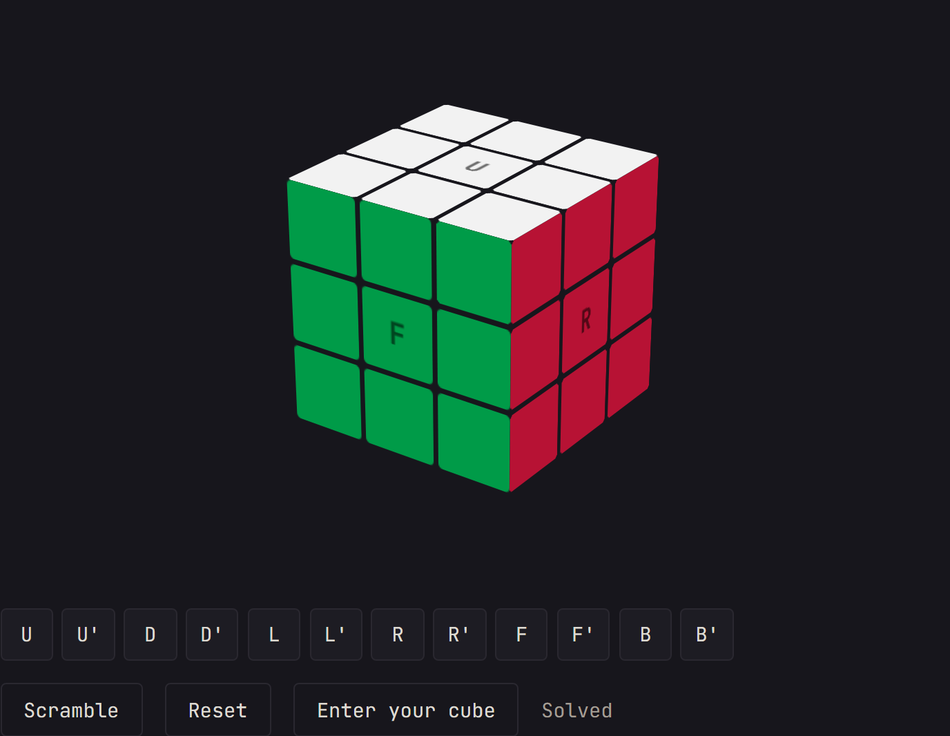The Rubik's cube, solved, with its move and action buttons below