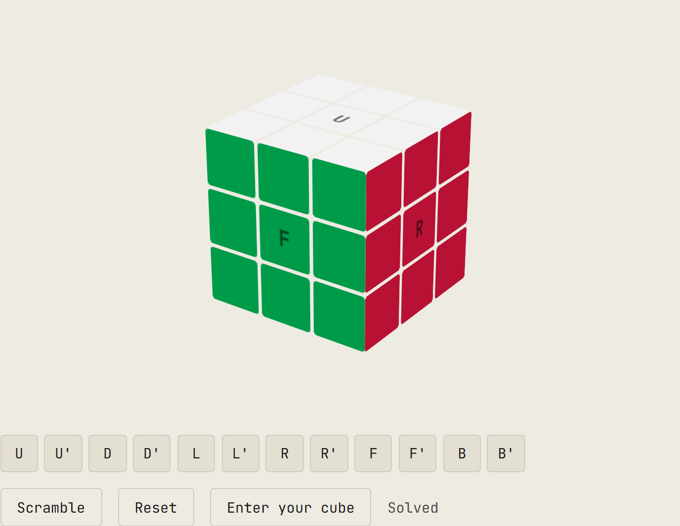 The Rubik's cube, solved, with its move and action buttons below